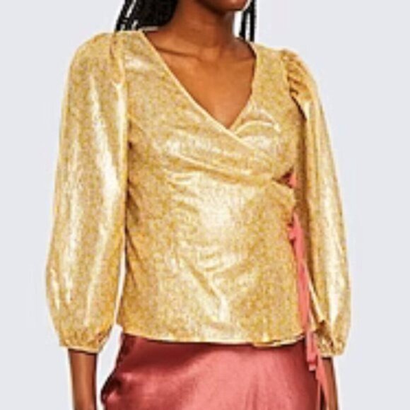 Shrimps Cordelia Floral print Lamé Wrap Blouse In Gold 8 - Picture 3 of 5